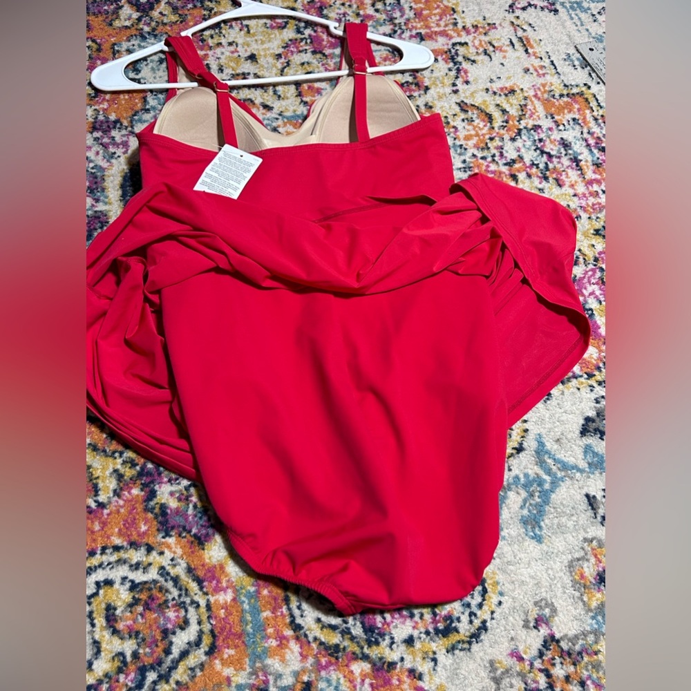 Red V-Neck Women's Swim Dress - Picture 6 of 13